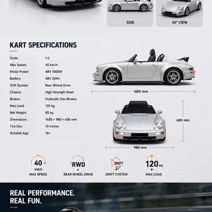 Phantom GT II | 911-Style Electric Drift Kart — High-Speed Adult Racing Machine